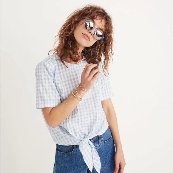 Madewell Button-Back Tie Front Short Sleeve Blue & White Gingham Check Blouse S - Picture 2 of 13